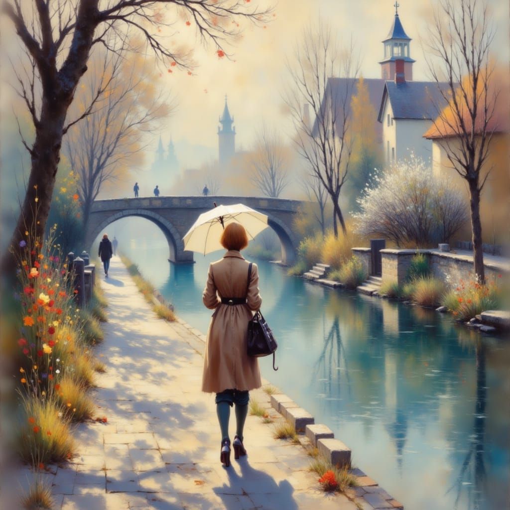Woman with Umbrella Walks by River in Impressionistic Style