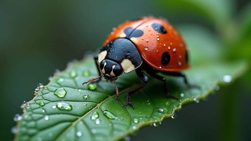 Vibrant Ladybug Embarks on a Dewy Leaf Adventure in Epic Mat...