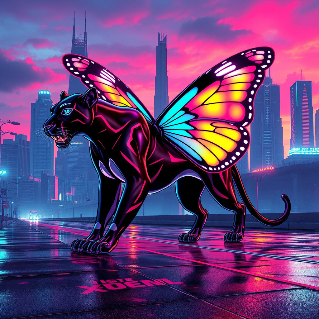 Synthwave Panther Butterfly in Neon Cityscape