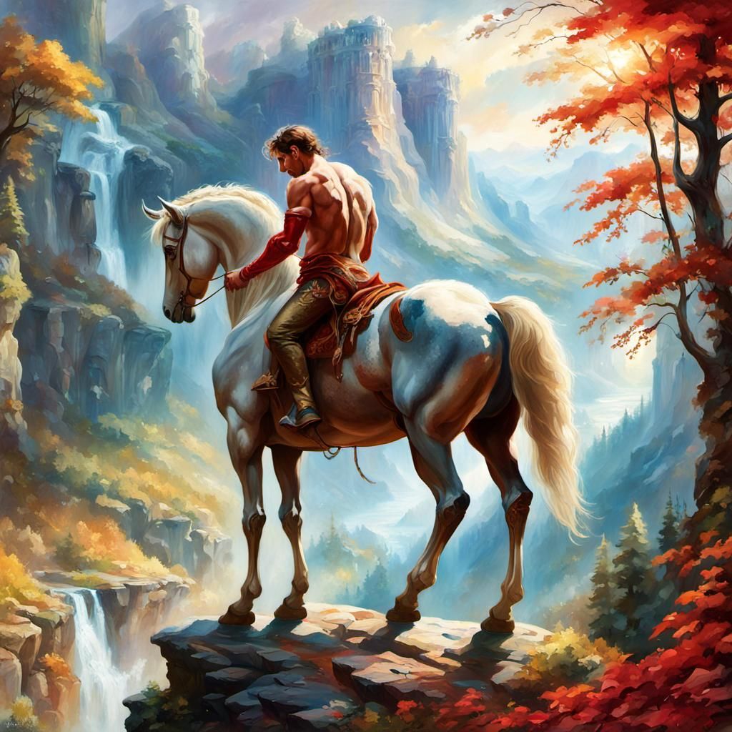 Majestic Centaur Overlooking Autumn Forest as Oil Painting