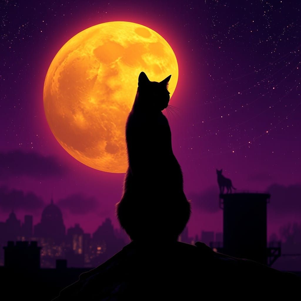 Majestic Cat Under Golden Moon