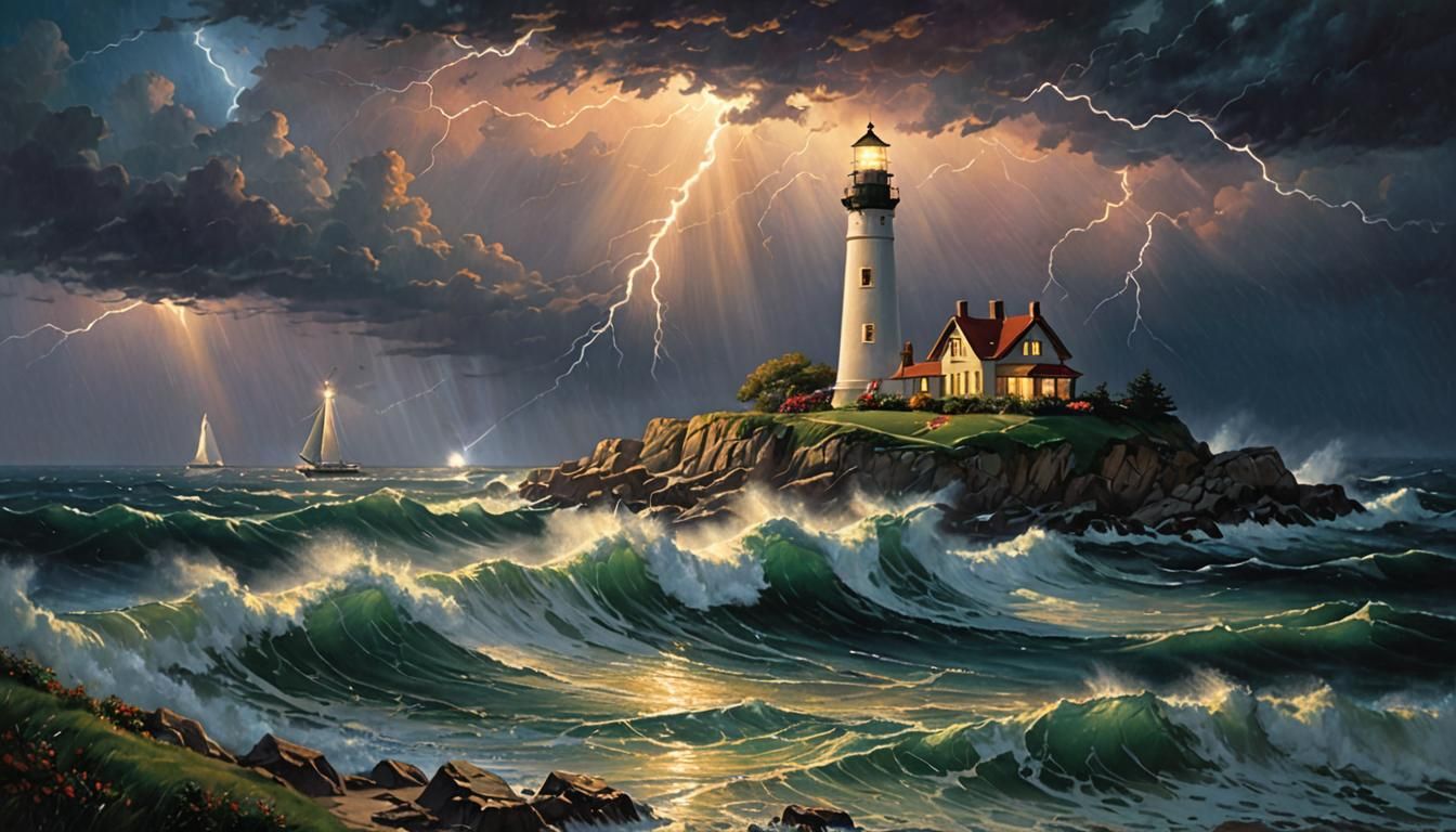 Lighthouse Shines in Stormy Night: Kinkade and Gurney Style