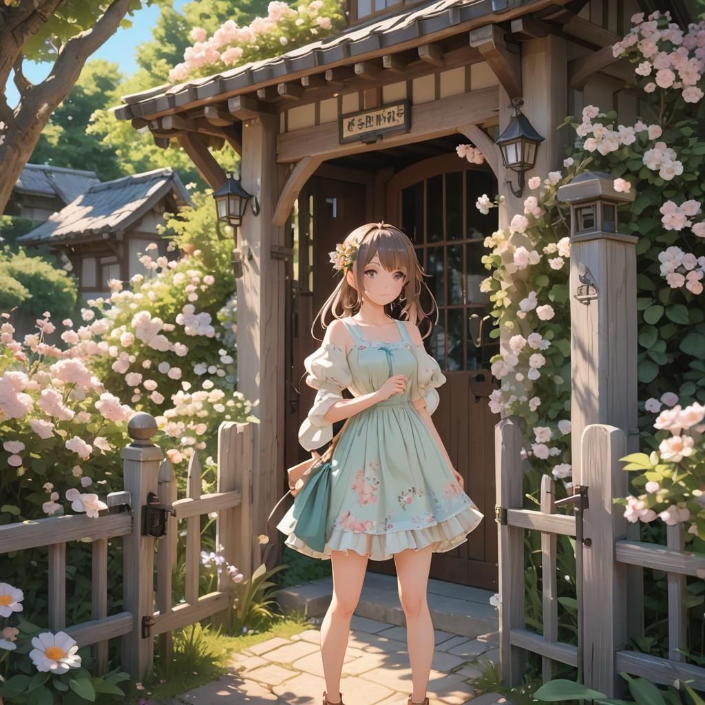 Anime Girl at Cottage Gate in 3D Style