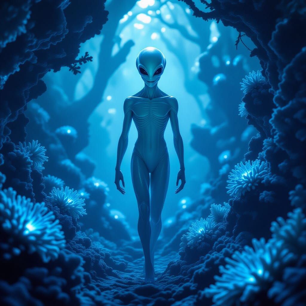 Alien with Smile Walks Through Bioluminescent Forest