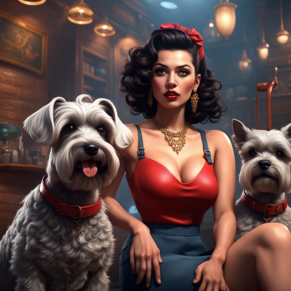 Latina Pinup with Schnauzers: Hyperrealistic Art
