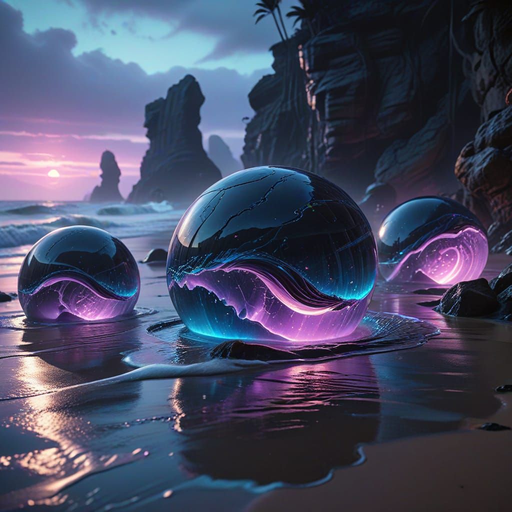 Cyberpunk Beach with Glowing Sandstone Concretions