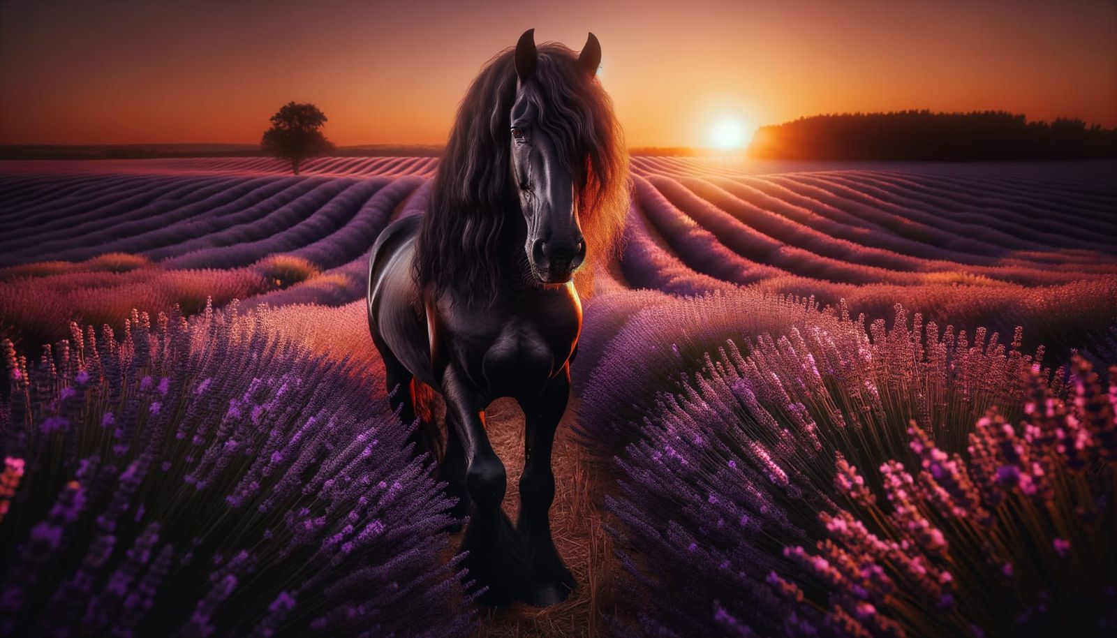 The Majestic Friesian in the Lavender Sunlight