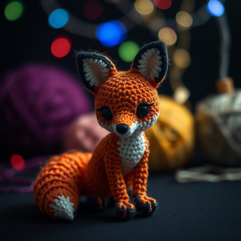 Crocheted Fox Figurine with Flowing String Tail