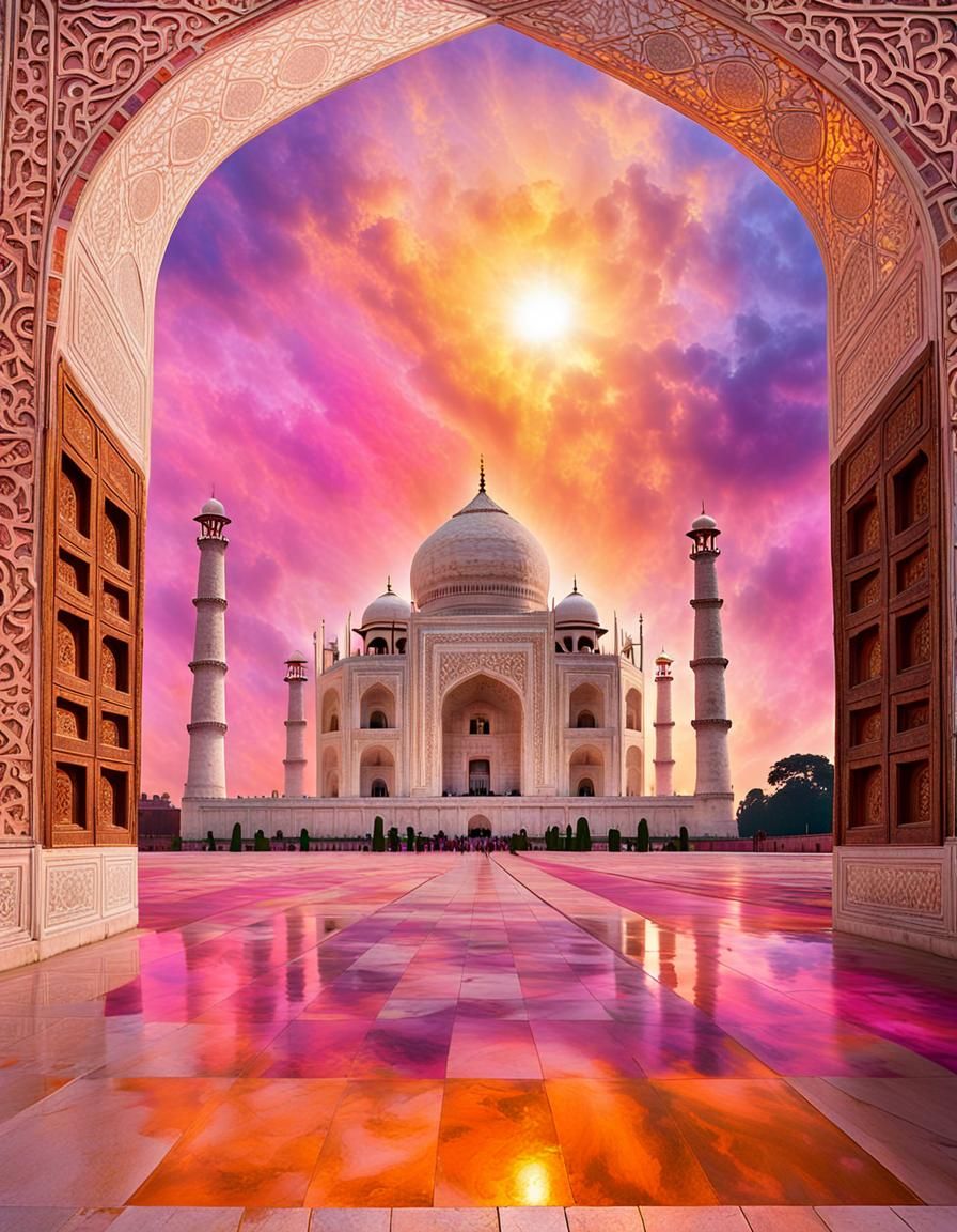 Taj Mahal at Sunset: Golden Light and Ethereal Aura