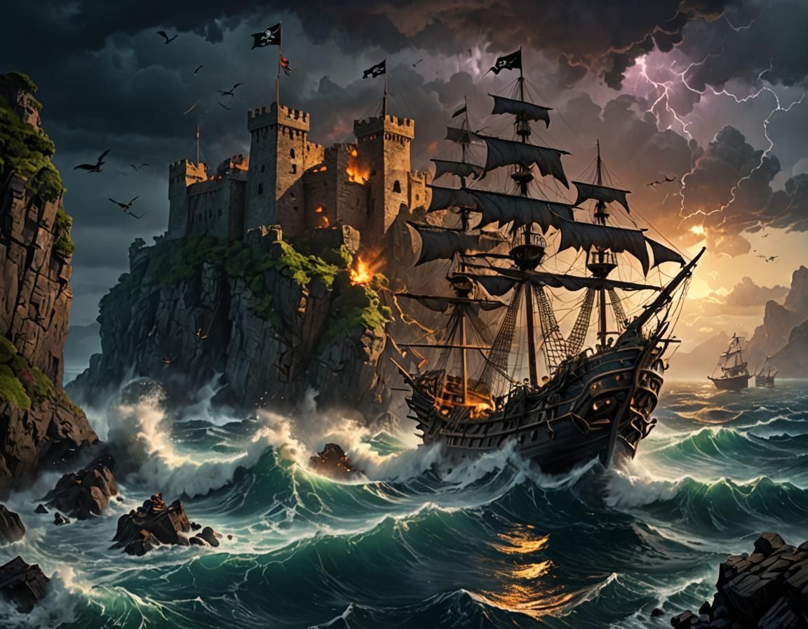 Pirate Ship Besieges Fortress at Dusk in Storm