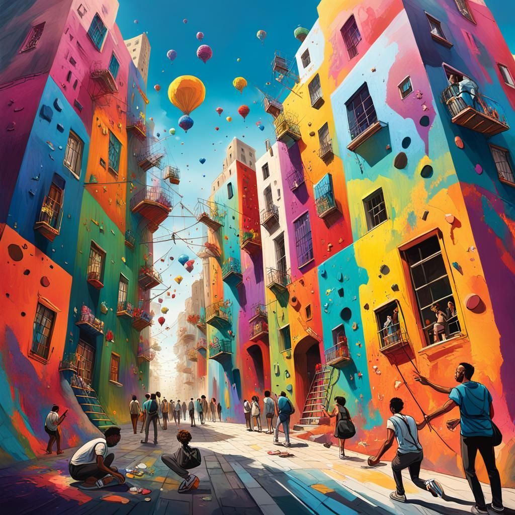 Vibrant Cityscape Mural with Diverse Artists in Surreal Styl...