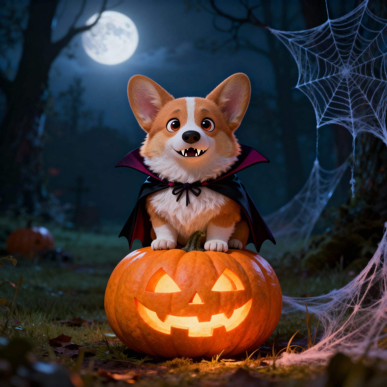 Adorable Vampire Corgi on Jack-o'-Lantern in Moonlit Forest