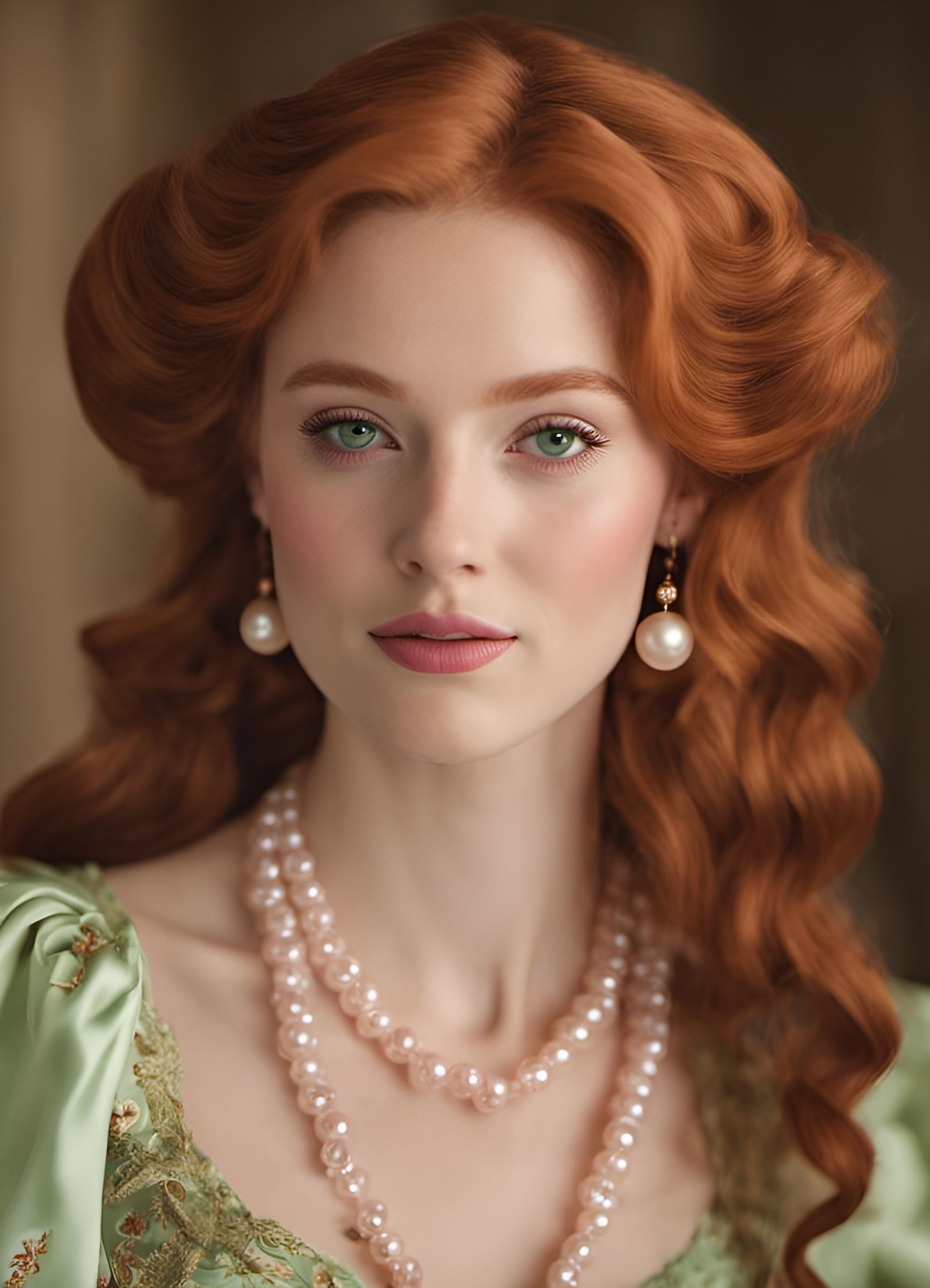 Smiling Redhead Girl with Pearl Necklace