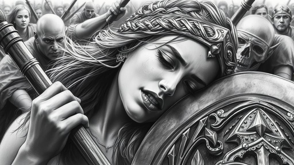 Female Warrior Lost in Battle, Hyperdetailed Charcoal Drawin...