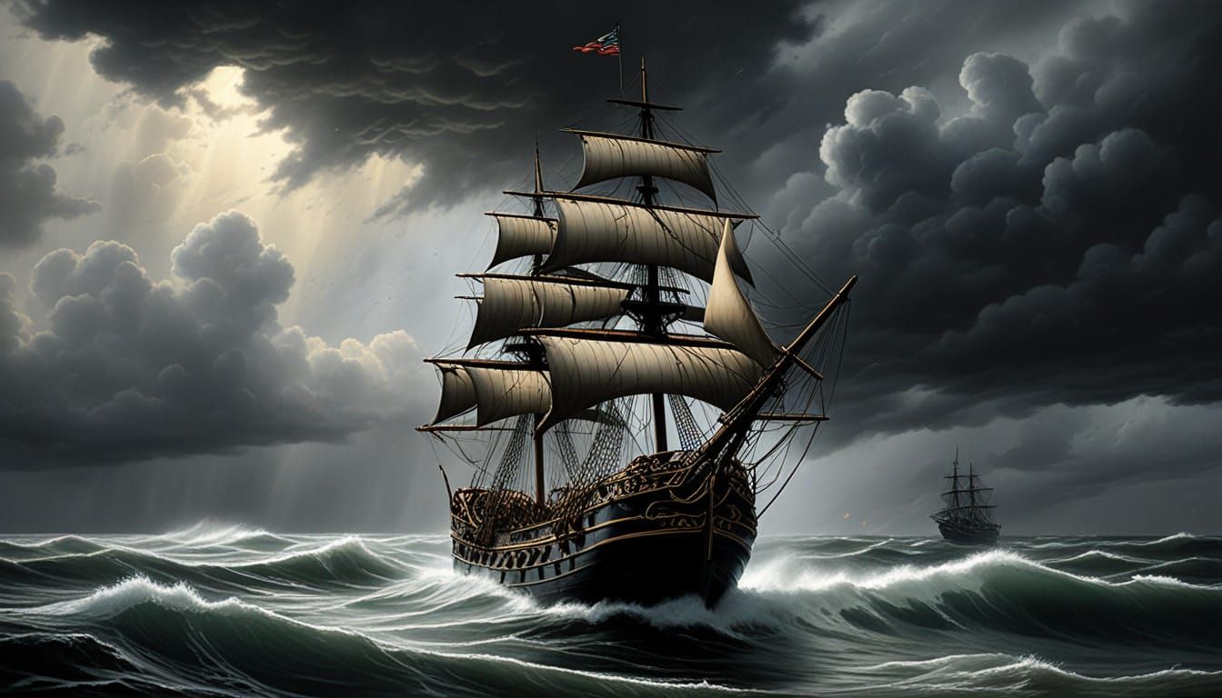 Pirate Captain Blackbeard in Turbulent Stormy Weather