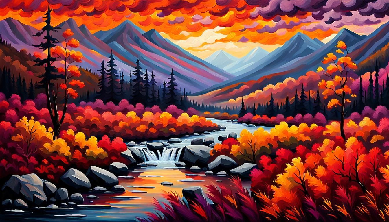 Autumnal Impressionist Landscape Painting with Stream