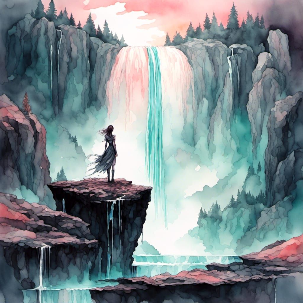 Fantasy Woman Contemplates Waterfall Landscape