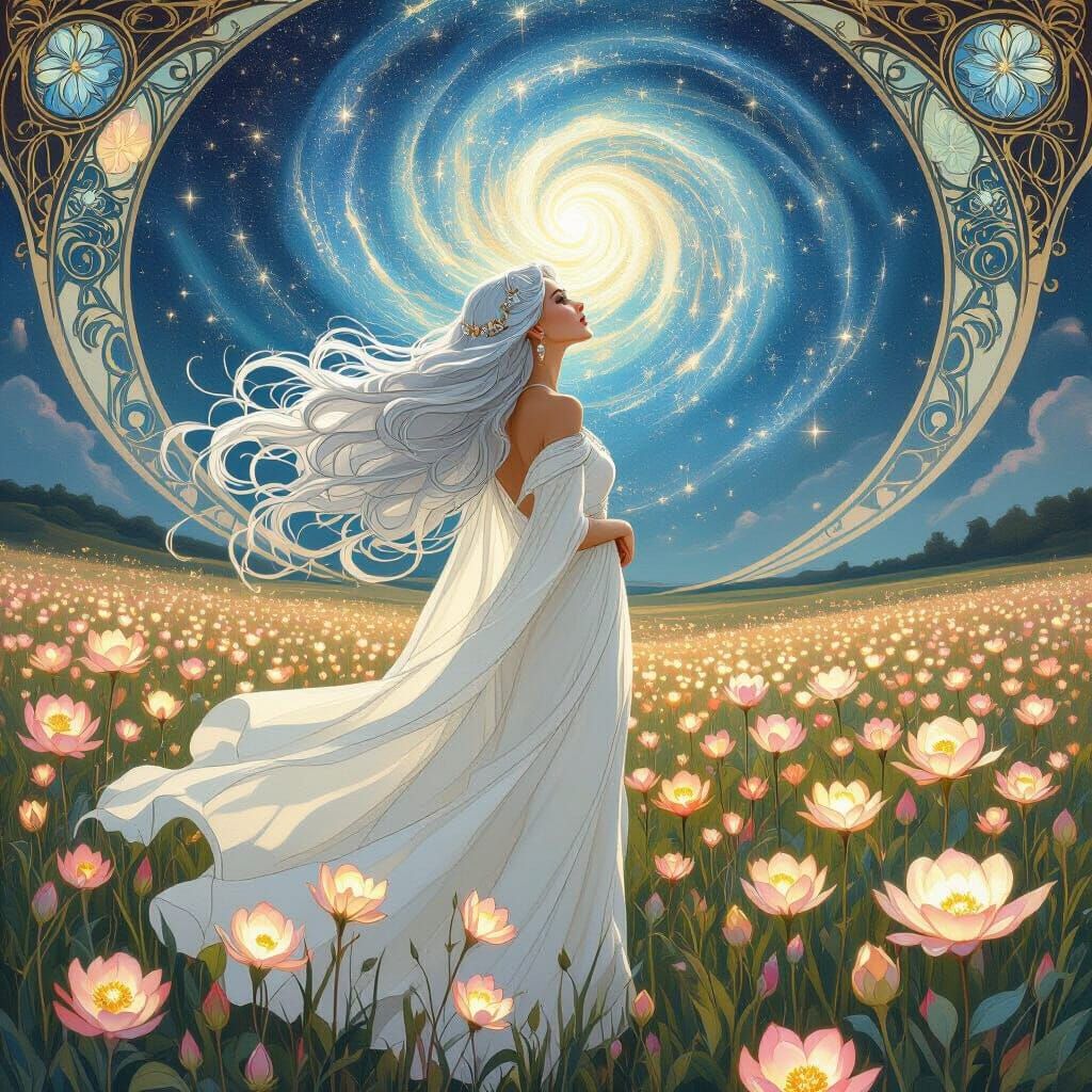 Ethereal Woman in Galaxy Field, Art Nouveau Style