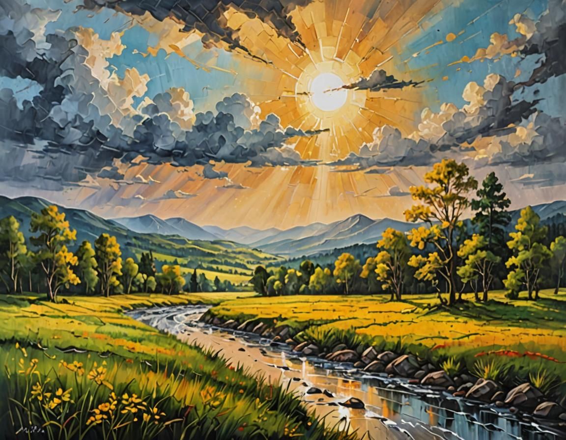 Post-Storm Countryside Acrylic Painting with Golden Light