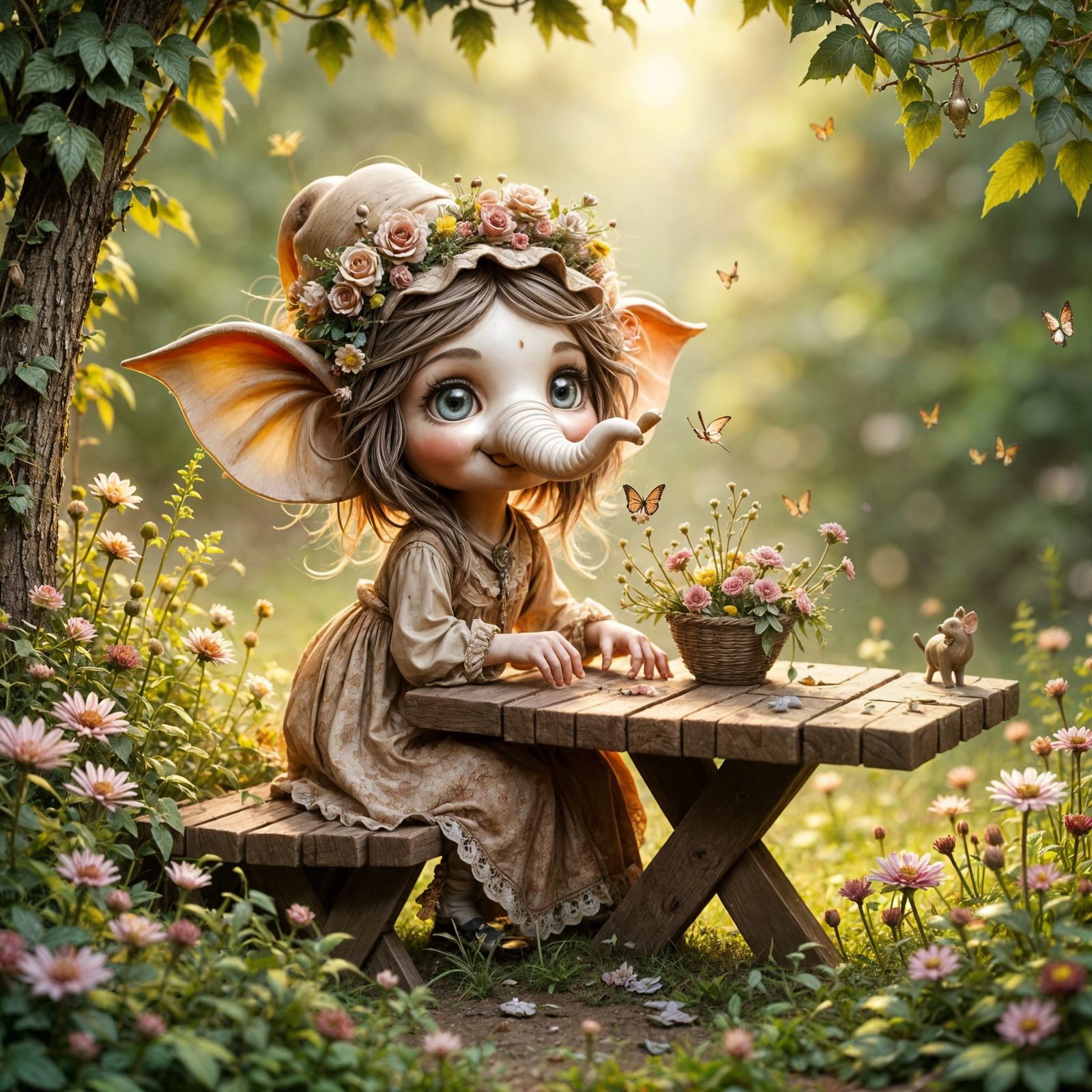 Whimsical Elephant Arranges Wildflowers in Vintage Dress