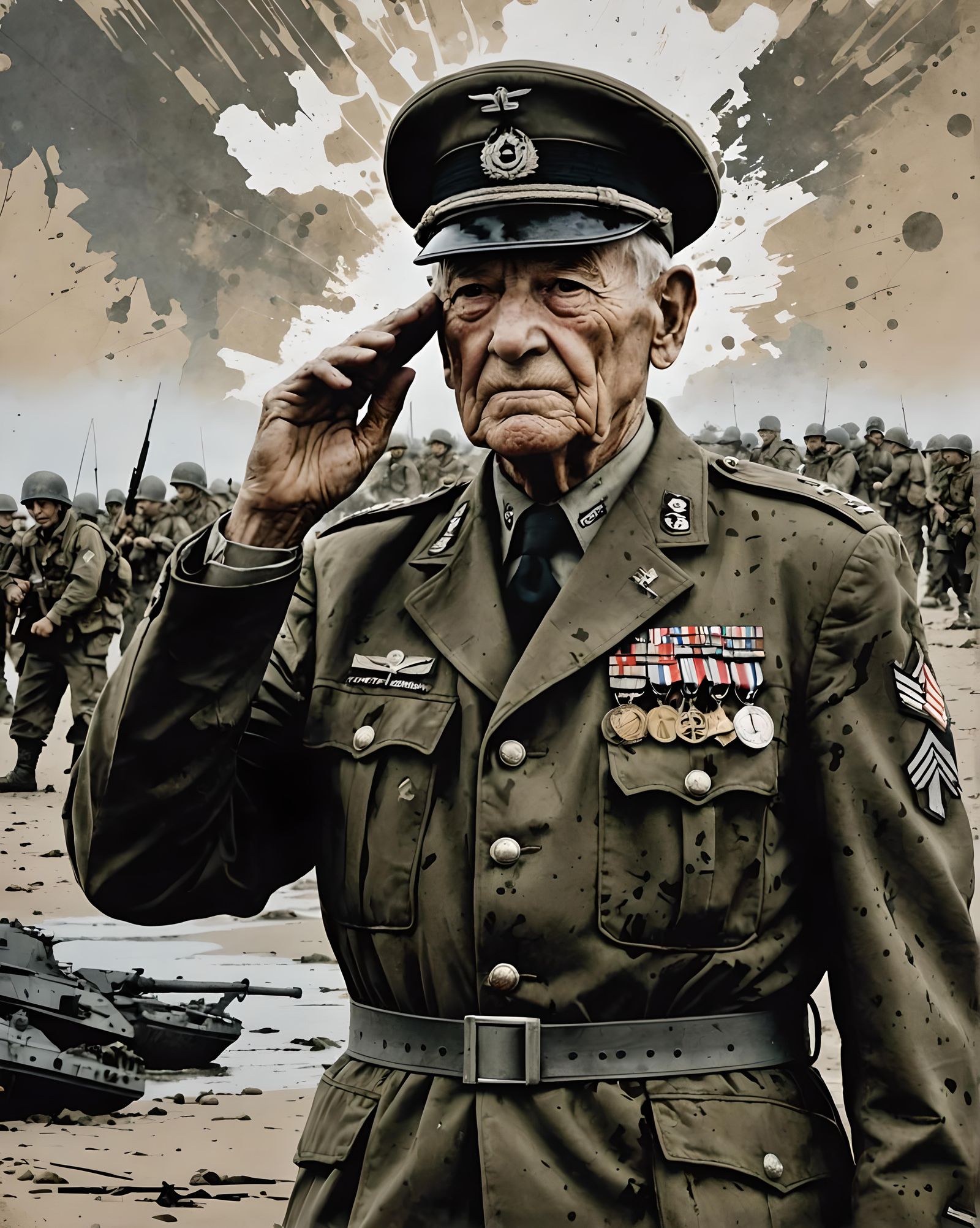 Double Exposure Portrait: Normandy Veteran Saluting