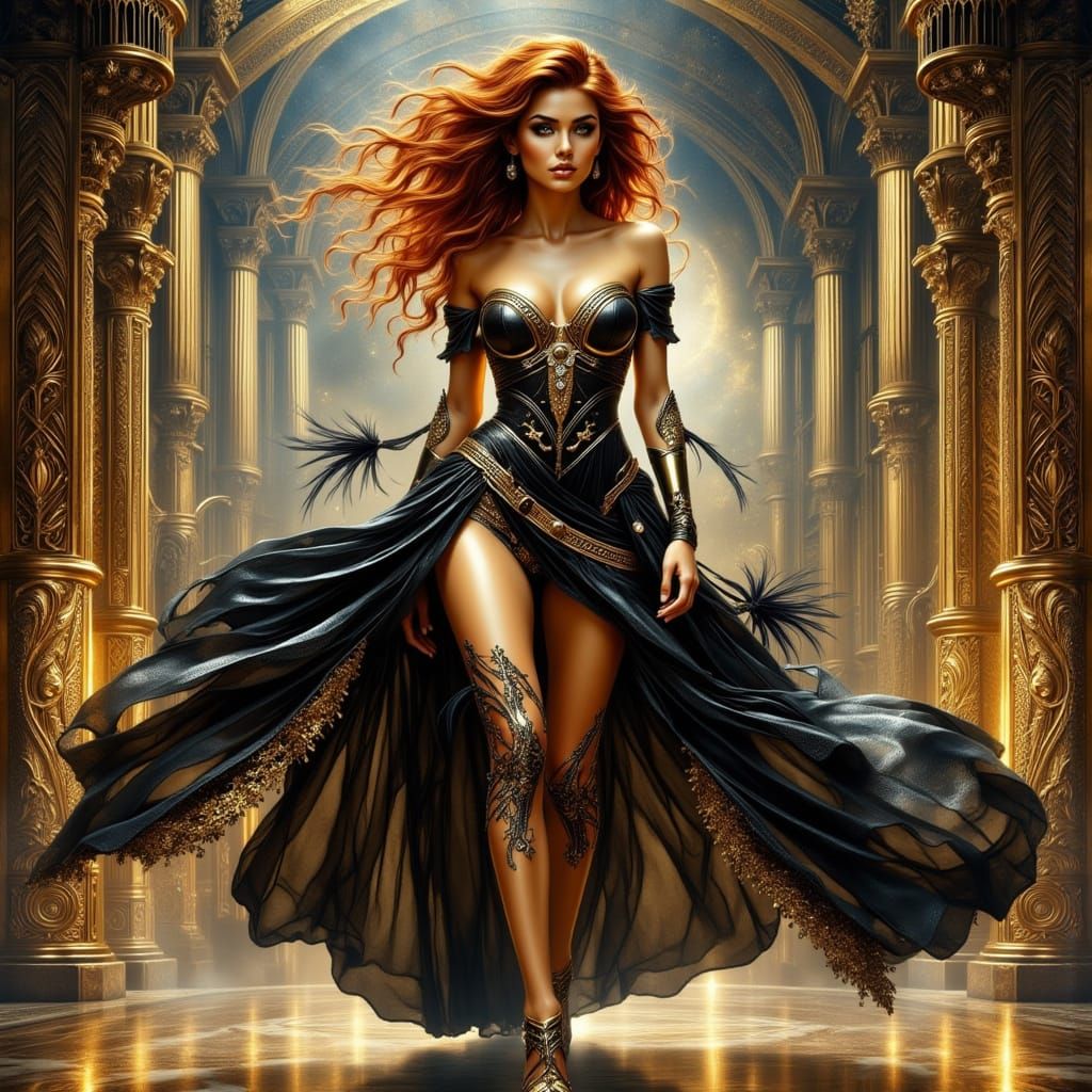 Catwalk Beauty in Ornate Gown, Alphonse Mucha Style