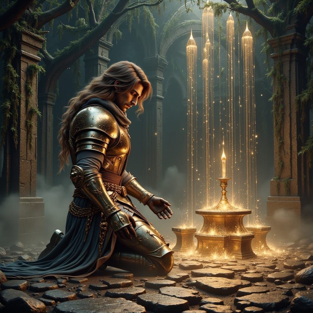 Handsome Knight Kneeling Before Ethereal Altar in Art Nouvea...