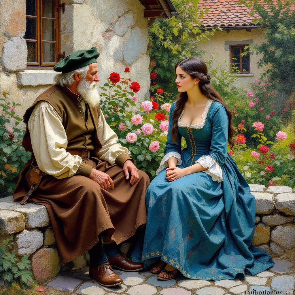 Medieval Couple Discussing Matters in a Rose Garden