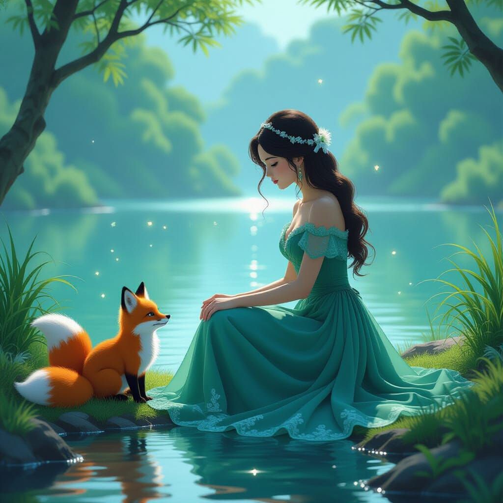 Emerald Gown by Lake with Fox Spirits