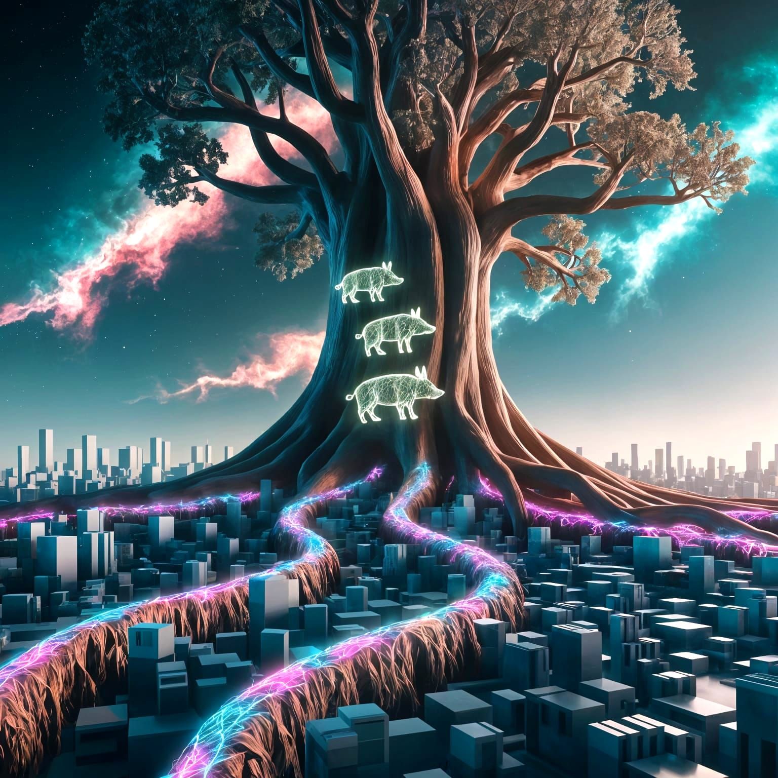 Colossal Tree With Bioluminescent Roots Over Futuristic City