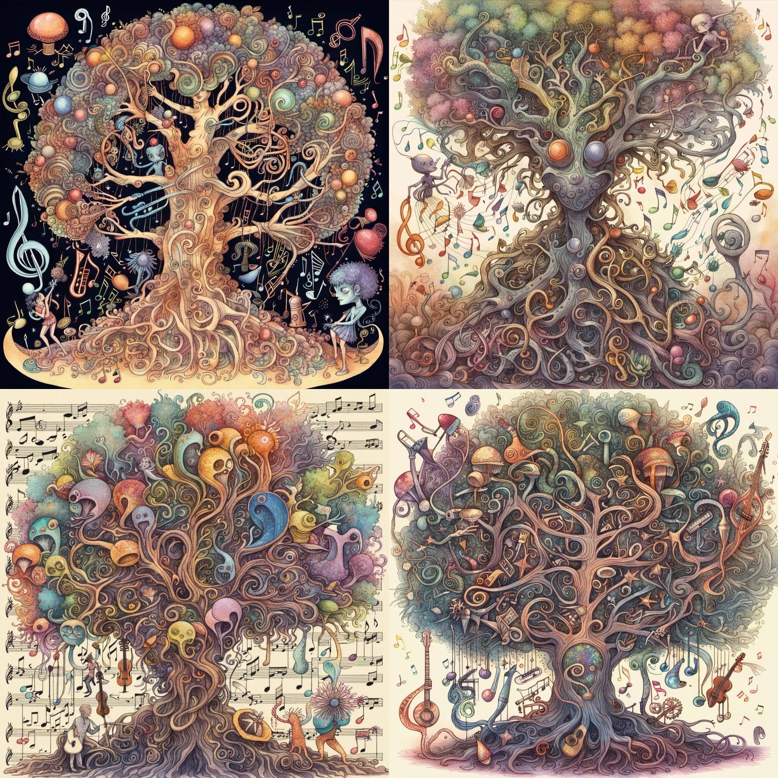 Musical Cyborg Tree of Life in Sumi-Crayon Style