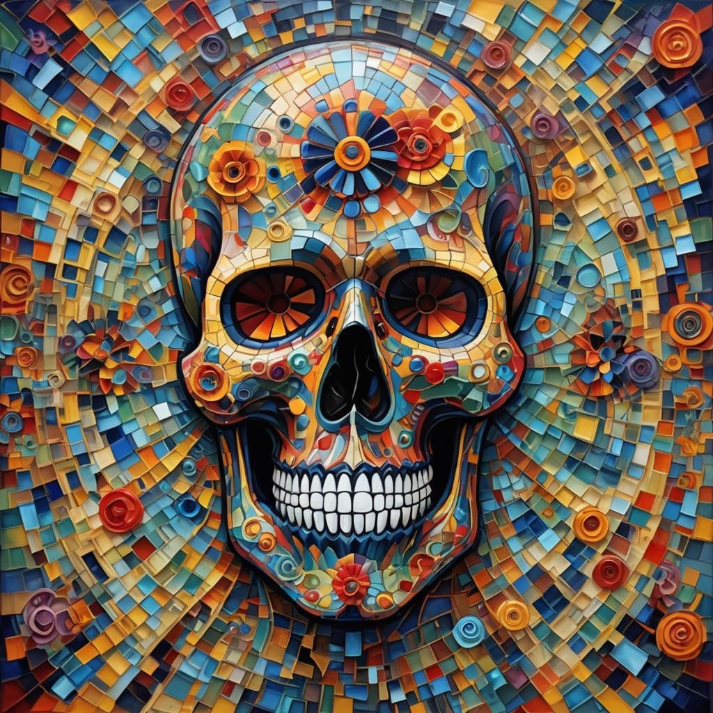 Colorful Fractal Mosaic Sugar Skull in Neo-Impressionist Sty...