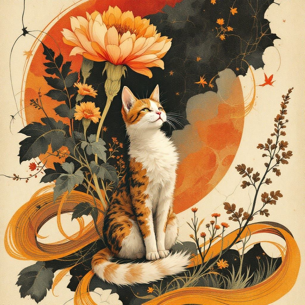 Whimsical Sunset Scene with Cat and Golden Leaves