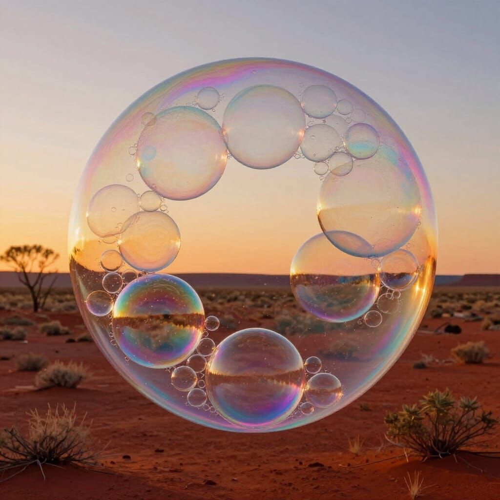 Surreal Outback Sunset with Shimmering Rainbow Bubbles