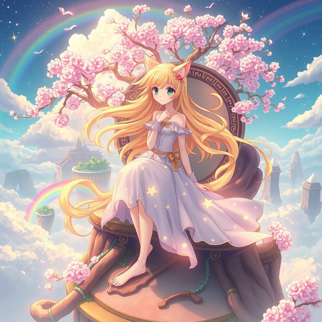 Anime Catgirl in Whimsical Cherry Blossom Throne