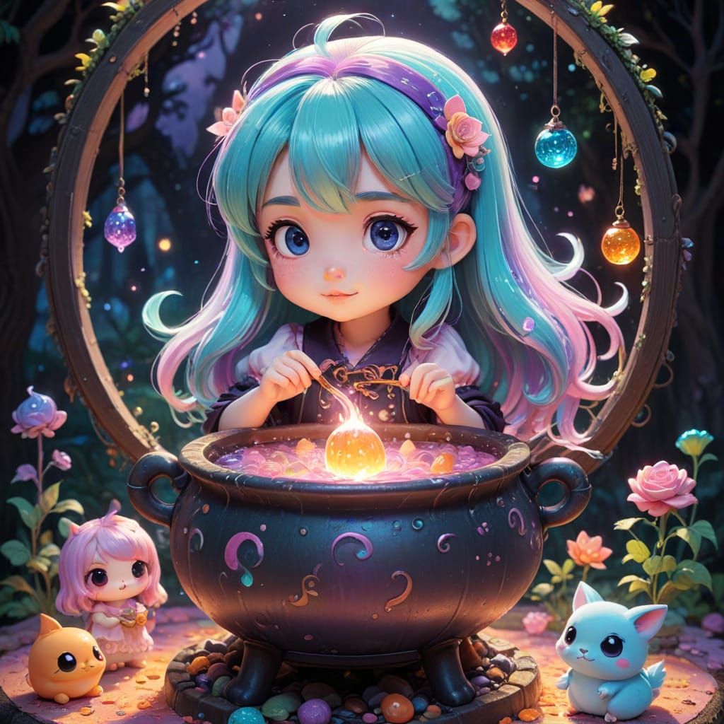 Chibi Witch Brewing Potion in Pastel Anime Style