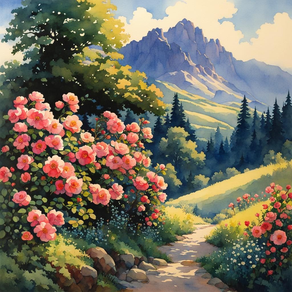 Watercolor Countryside with Wild Roses in Parrish Style