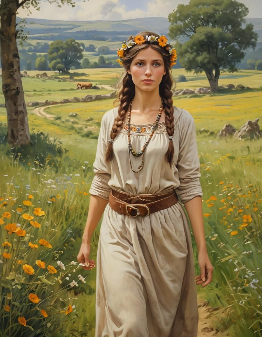 Glowing Neolithic Noblewoman in Ancient European Landscape