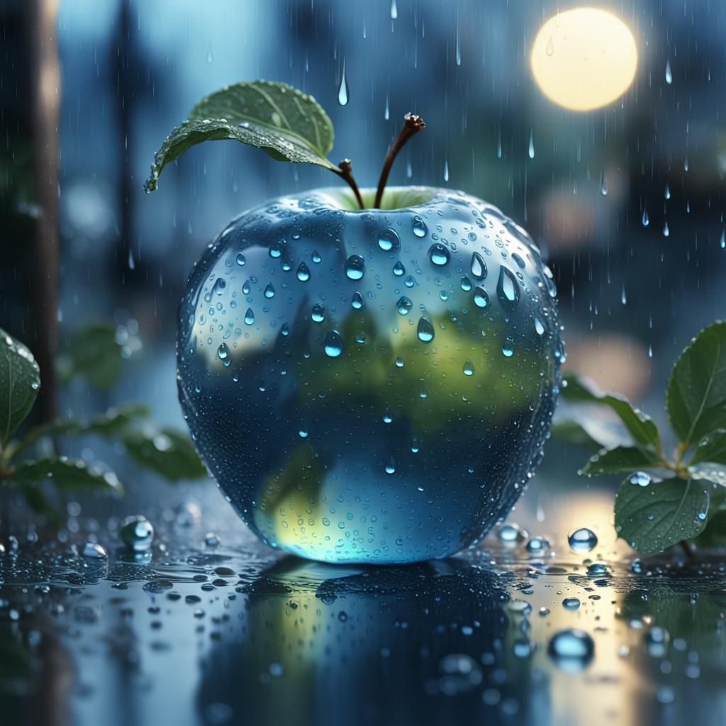 Glass Apple in Rain: Vivid Digital Matte Painting