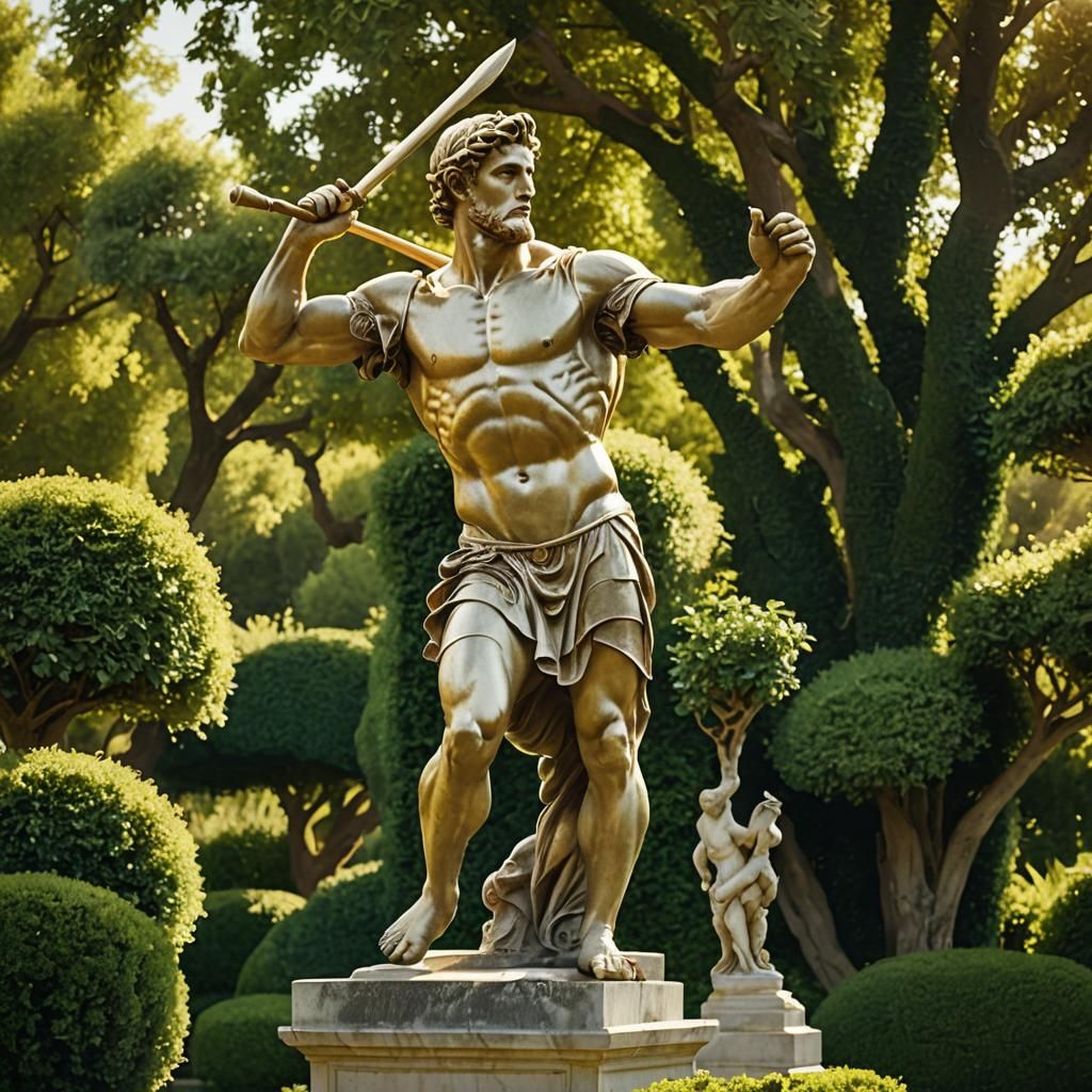 Classical Greek Sculpture of Javelin Thrower in Garden