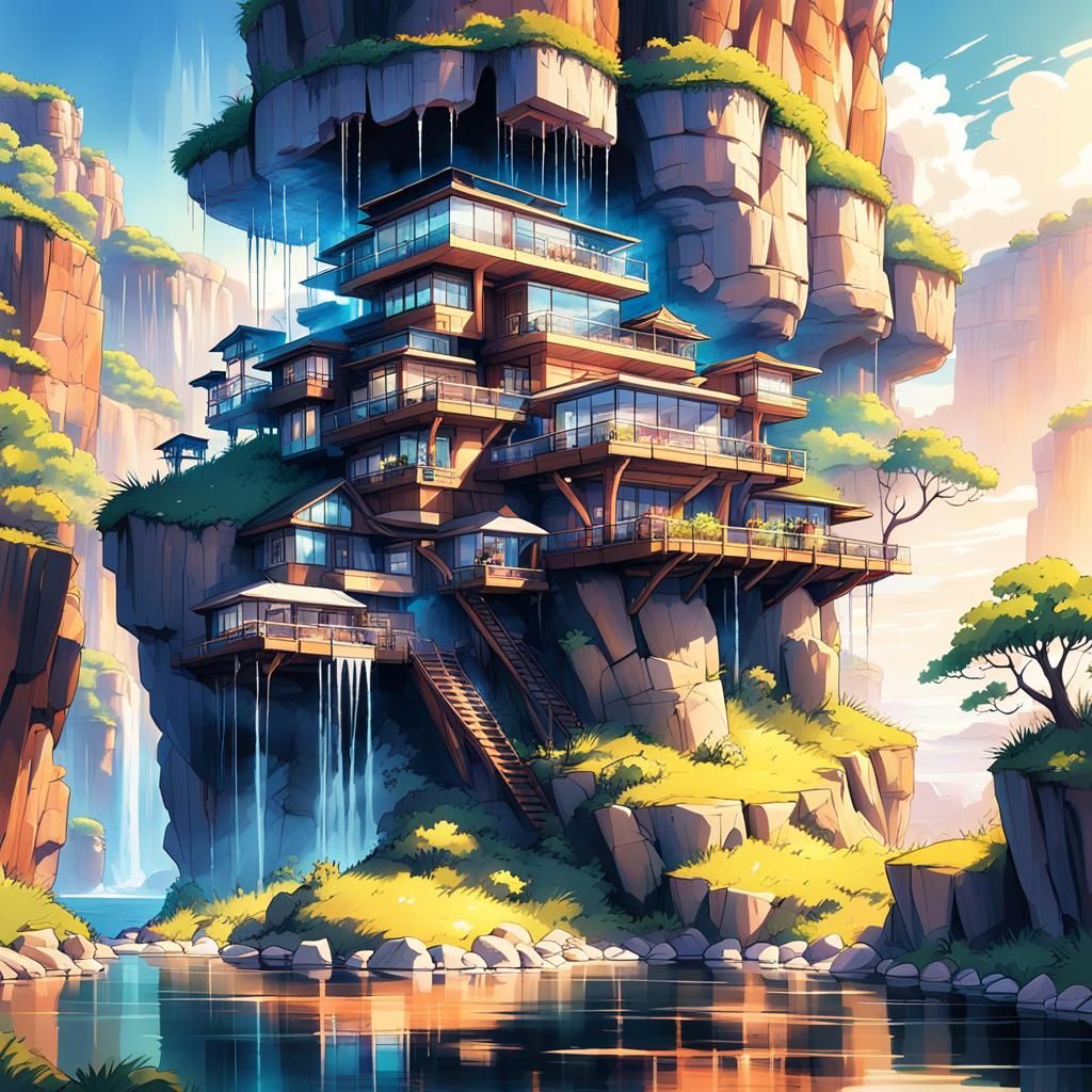 Cliffside House with Waterfall: Anime Cel-Shaded Style