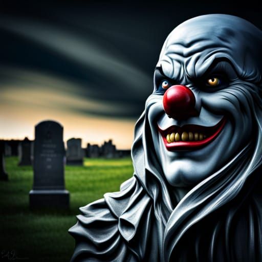 Hyperrealistic Evil Clown Lurking Behind Tombstone