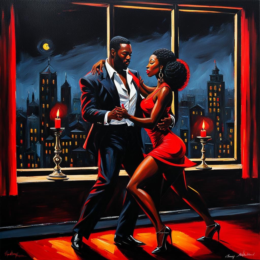 African Couple Dancing Salsa in Red Candle Light