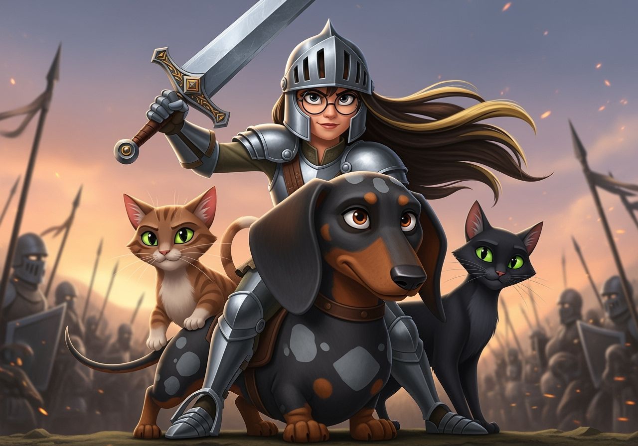 Heroine in Armor Rides Dachshund with Cat Companions