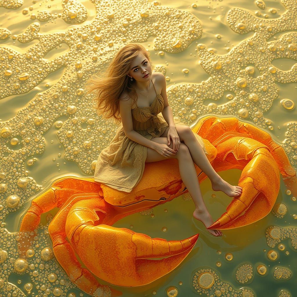 Woman on Gummy Crab in Soda Ocean, Digital Art