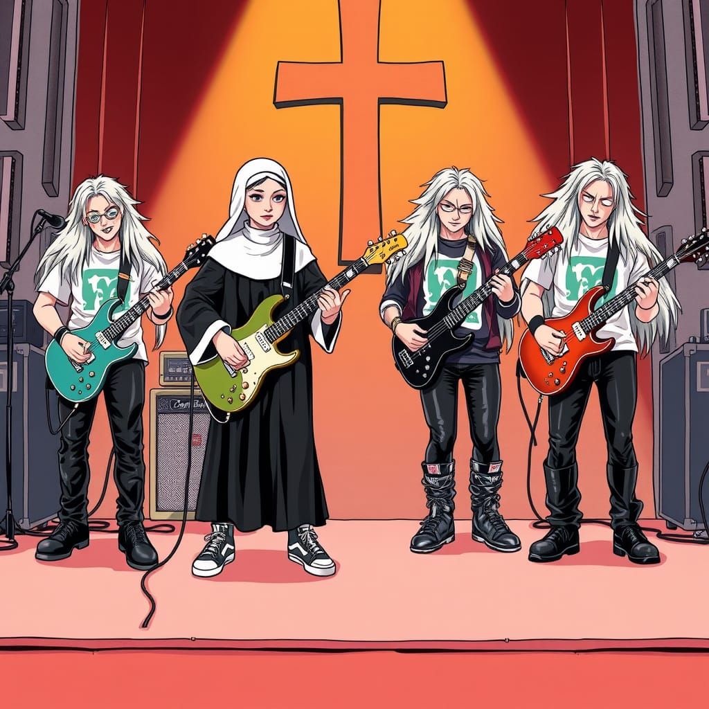 Nun Shreds Guitar with Metal Band in Manga Style