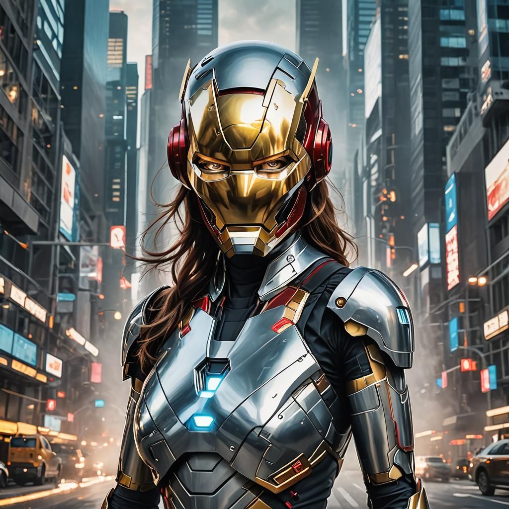 Futuristic Woman with Iron Man-Inspired Mask