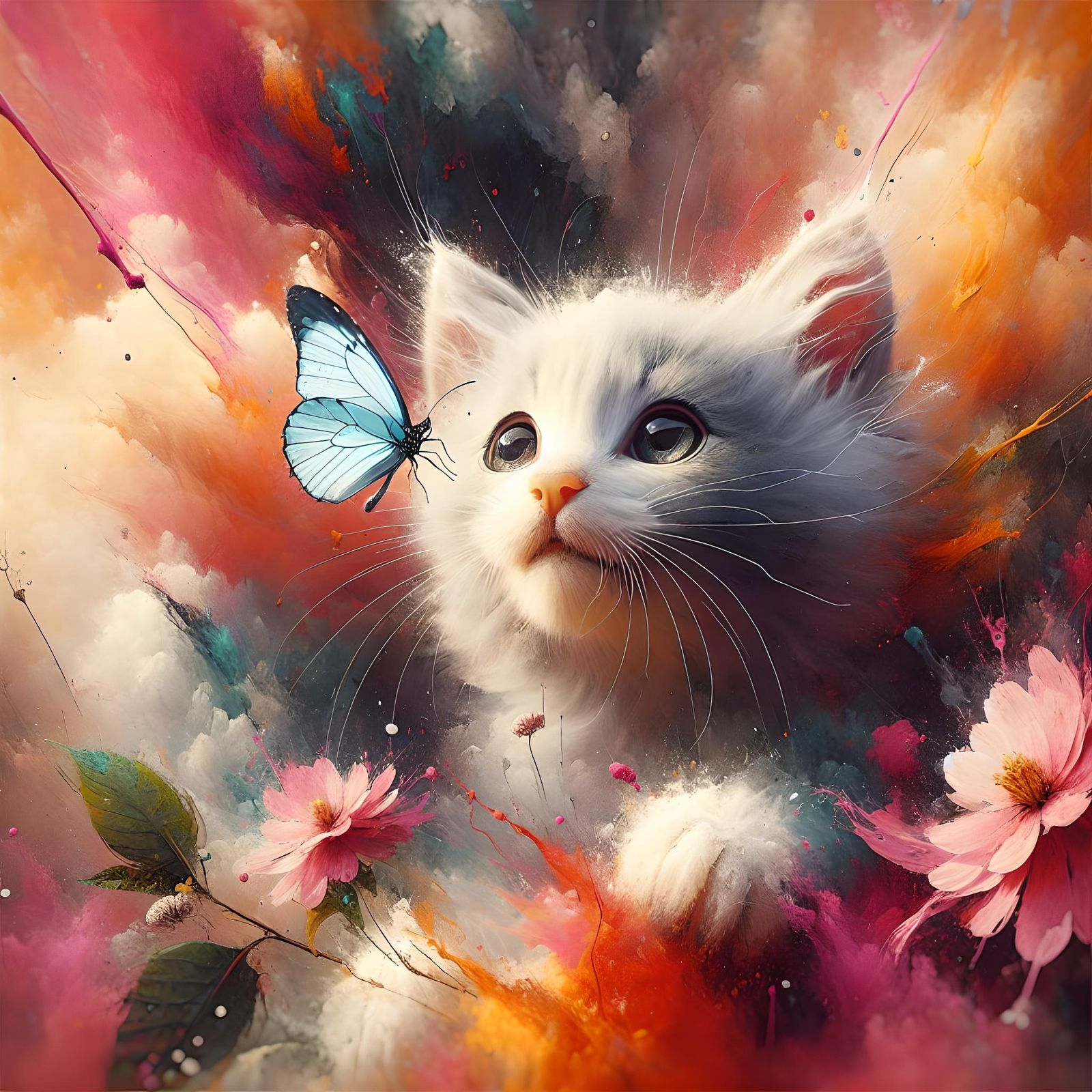 Kitten and Butterfly in Mixed-Media Watercolor Style