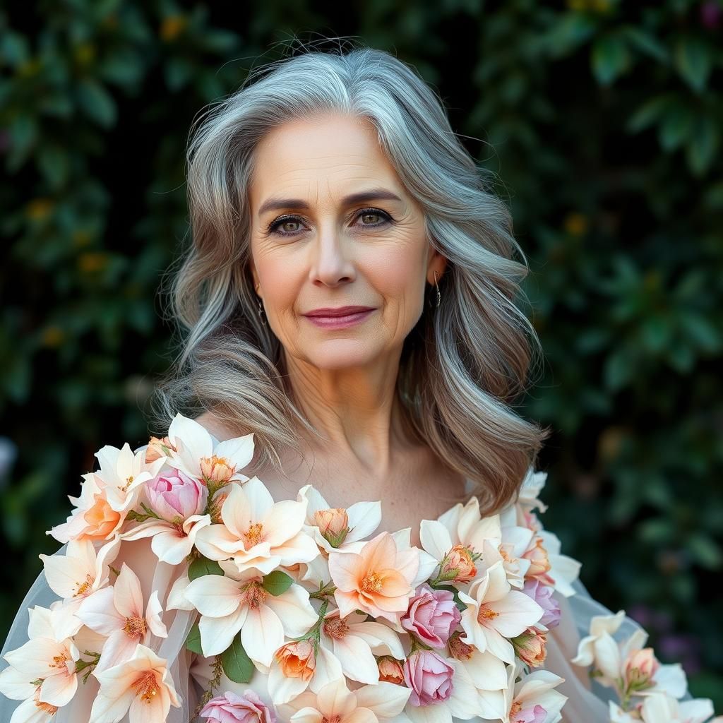 Floral Dress on Grey-Haired Woman: Impressionistic Style