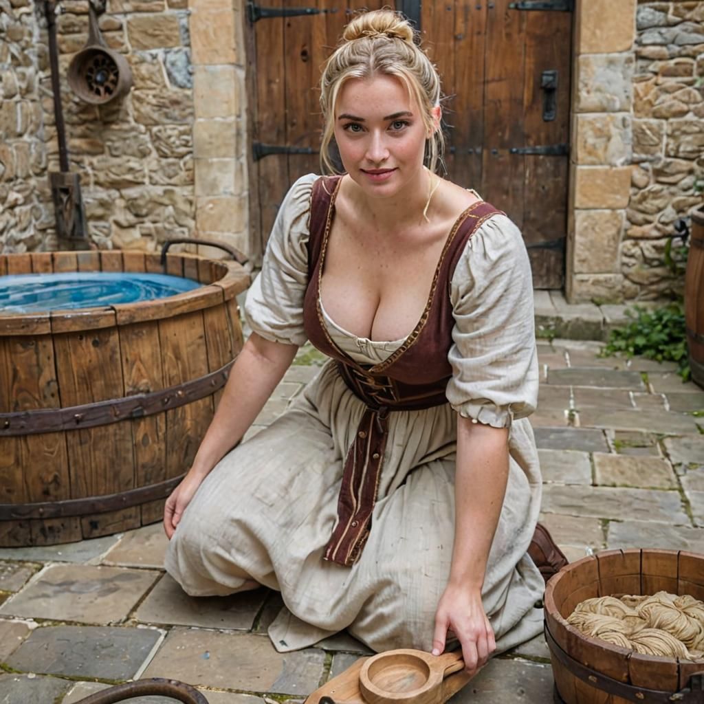 Medieval Woman Doing Laundry by the Pool